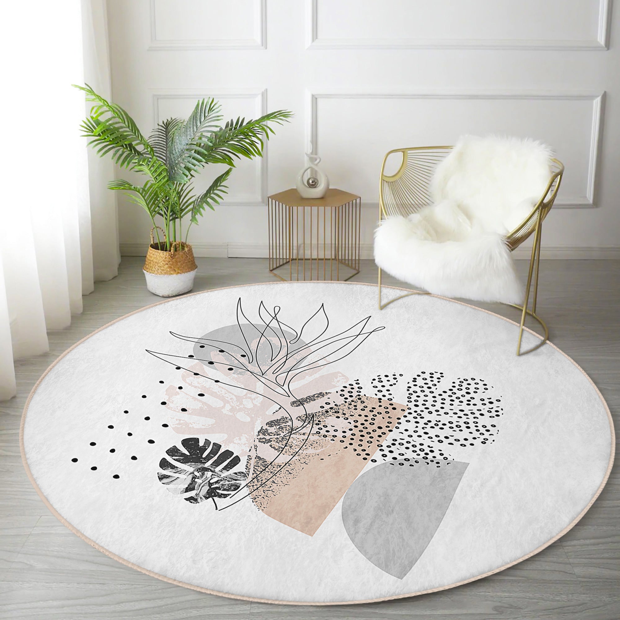 A stylish abstract round rug in soft velvet fabric, featuring a minimalist design suitable for living rooms.