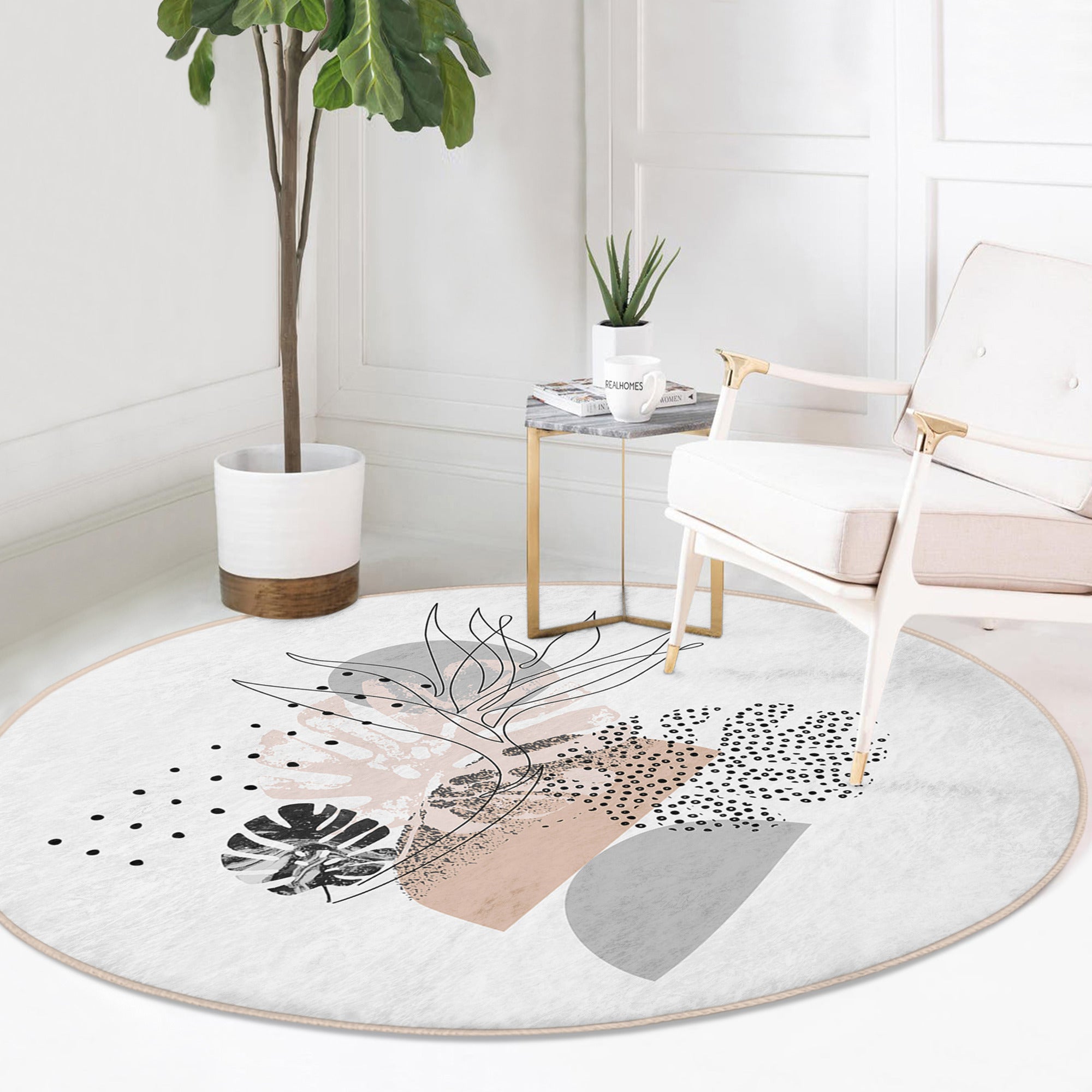 A stylish abstract round rug in soft velvet fabric, featuring a minimalist design suitable for living rooms.