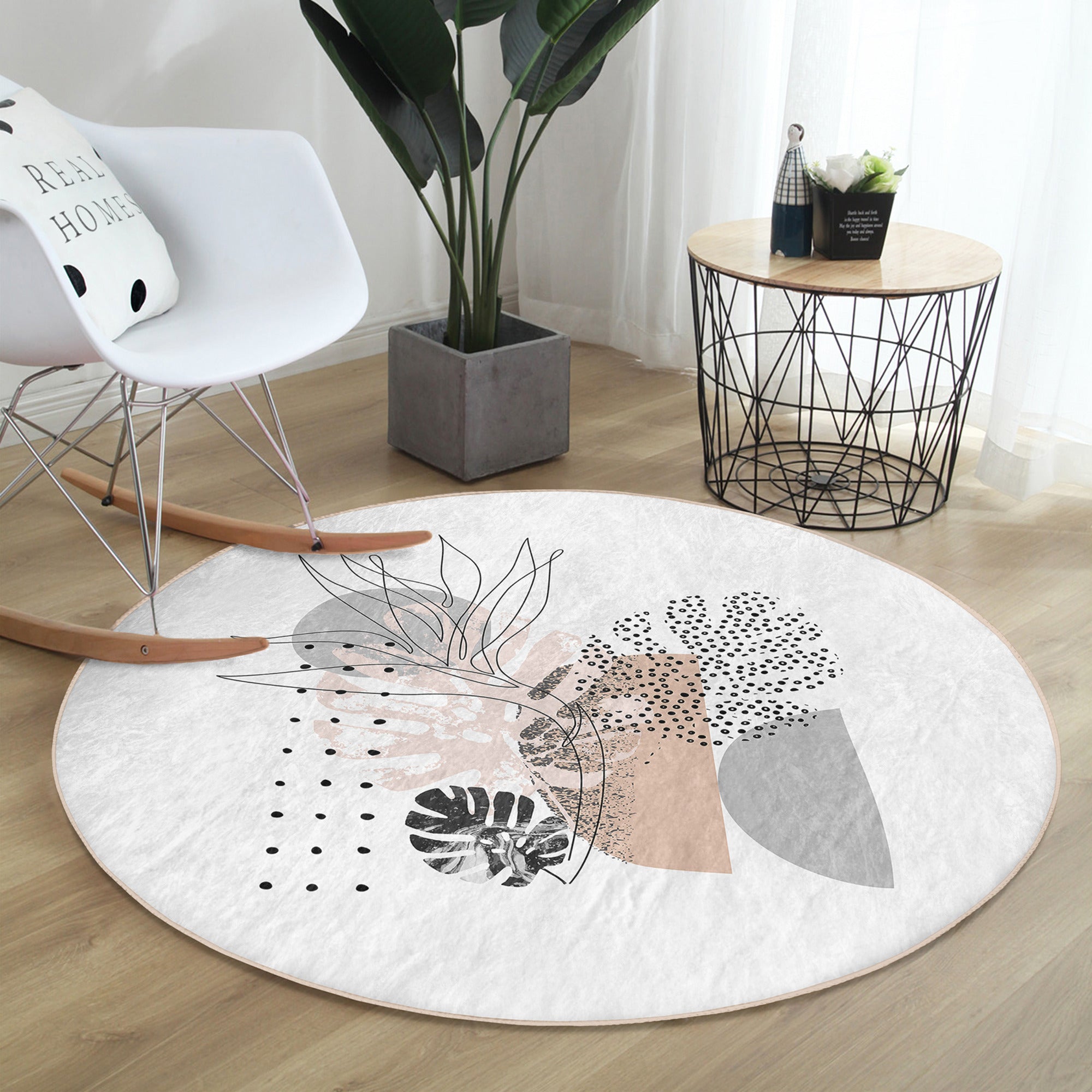 A stylish abstract round rug in soft velvet fabric, featuring a minimalist design suitable for living rooms.