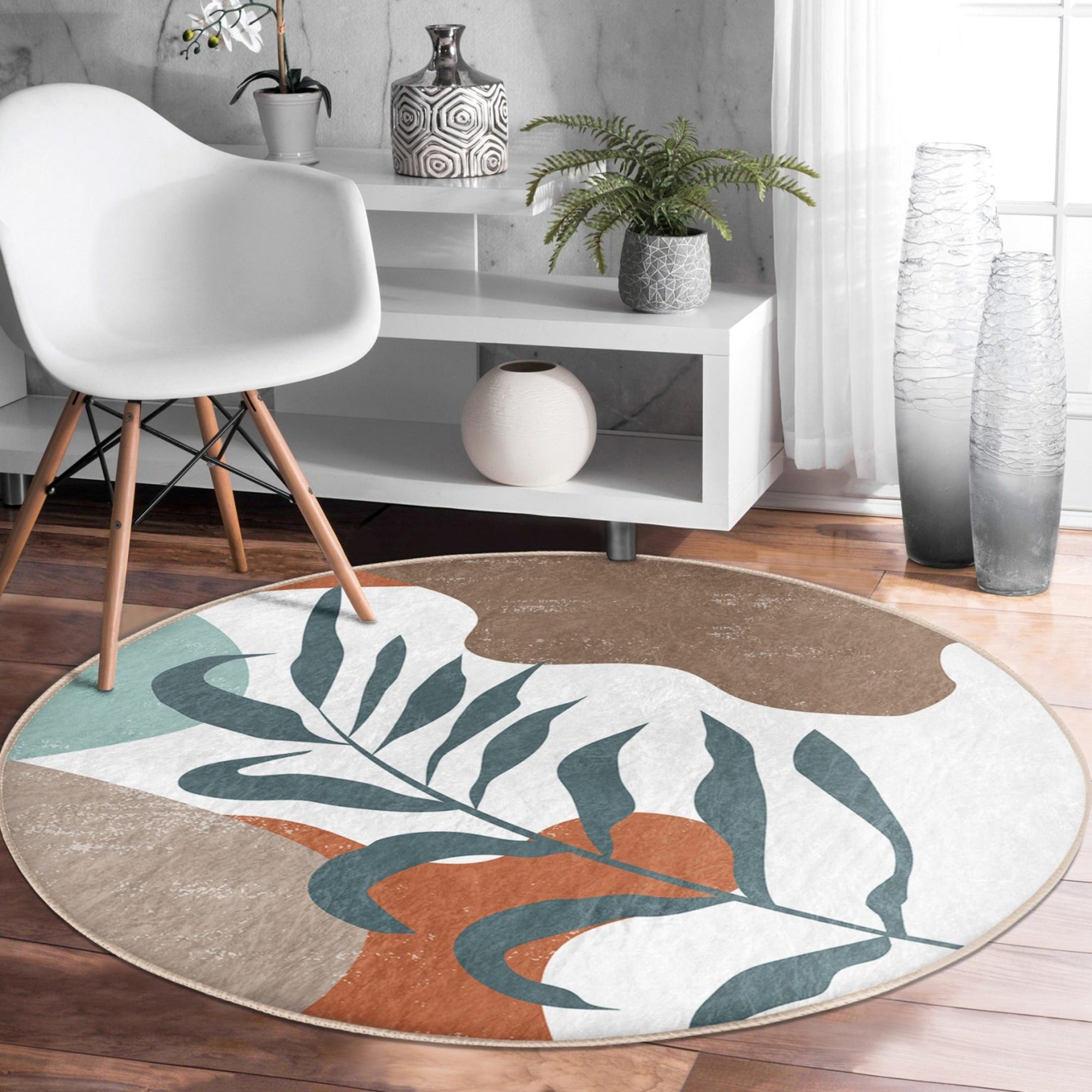 Abstract Circle Carpet in a minimalist design, showcasing soft velvet fabric and vibrant colors, perfect for modern home decor.