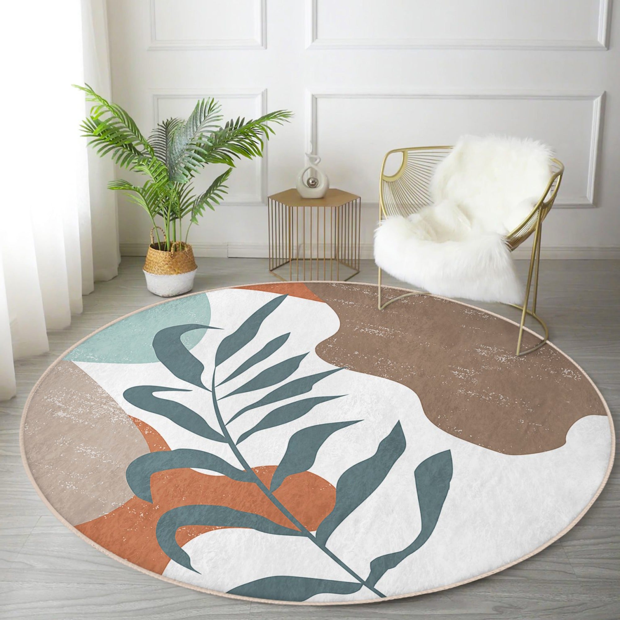 Abstract Circle Carpet in a minimalist design, showcasing soft velvet fabric and vibrant colors, perfect for modern home decor.