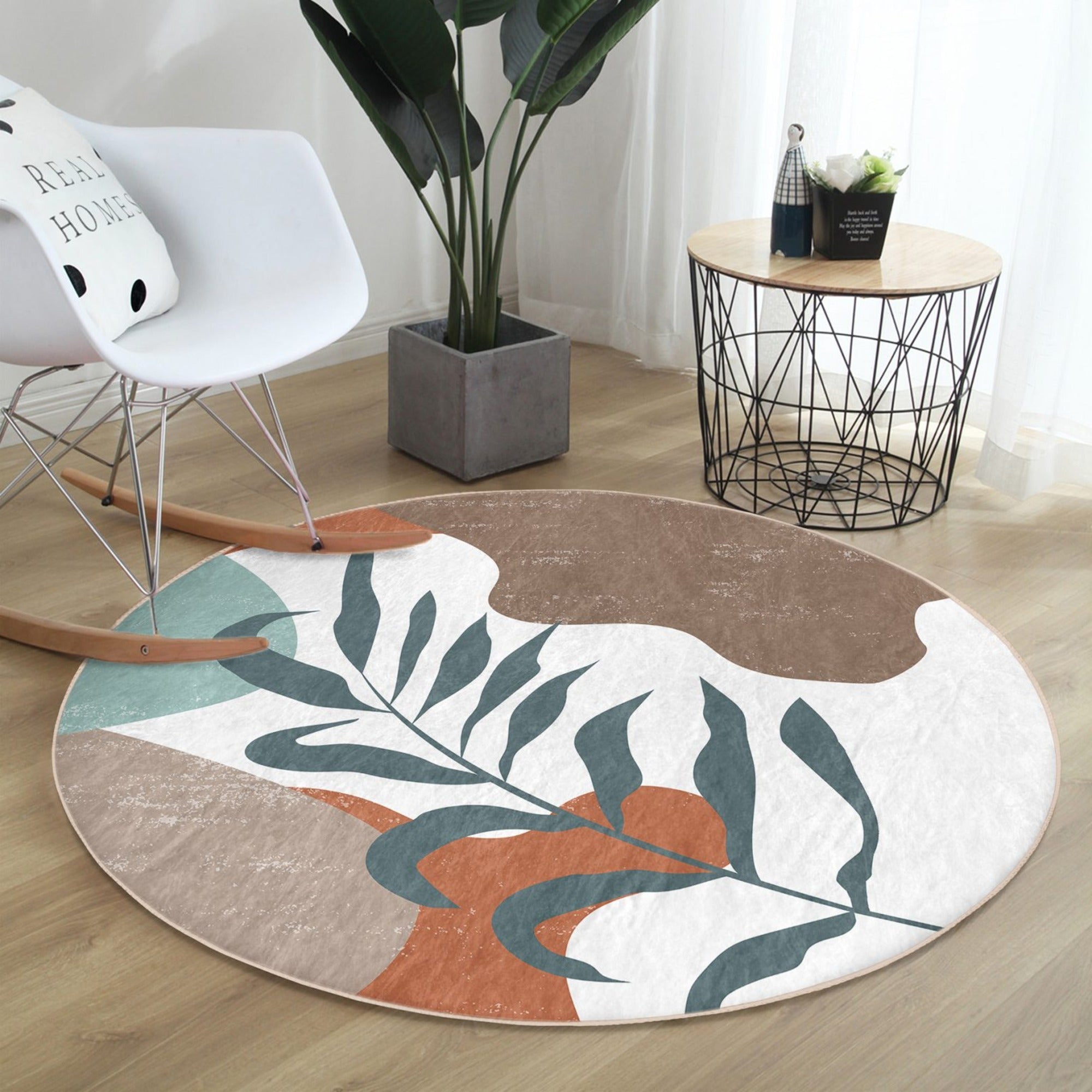 Abstract Circle Carpet in a minimalist design, showcasing soft velvet fabric and vibrant colors, perfect for modern home decor.