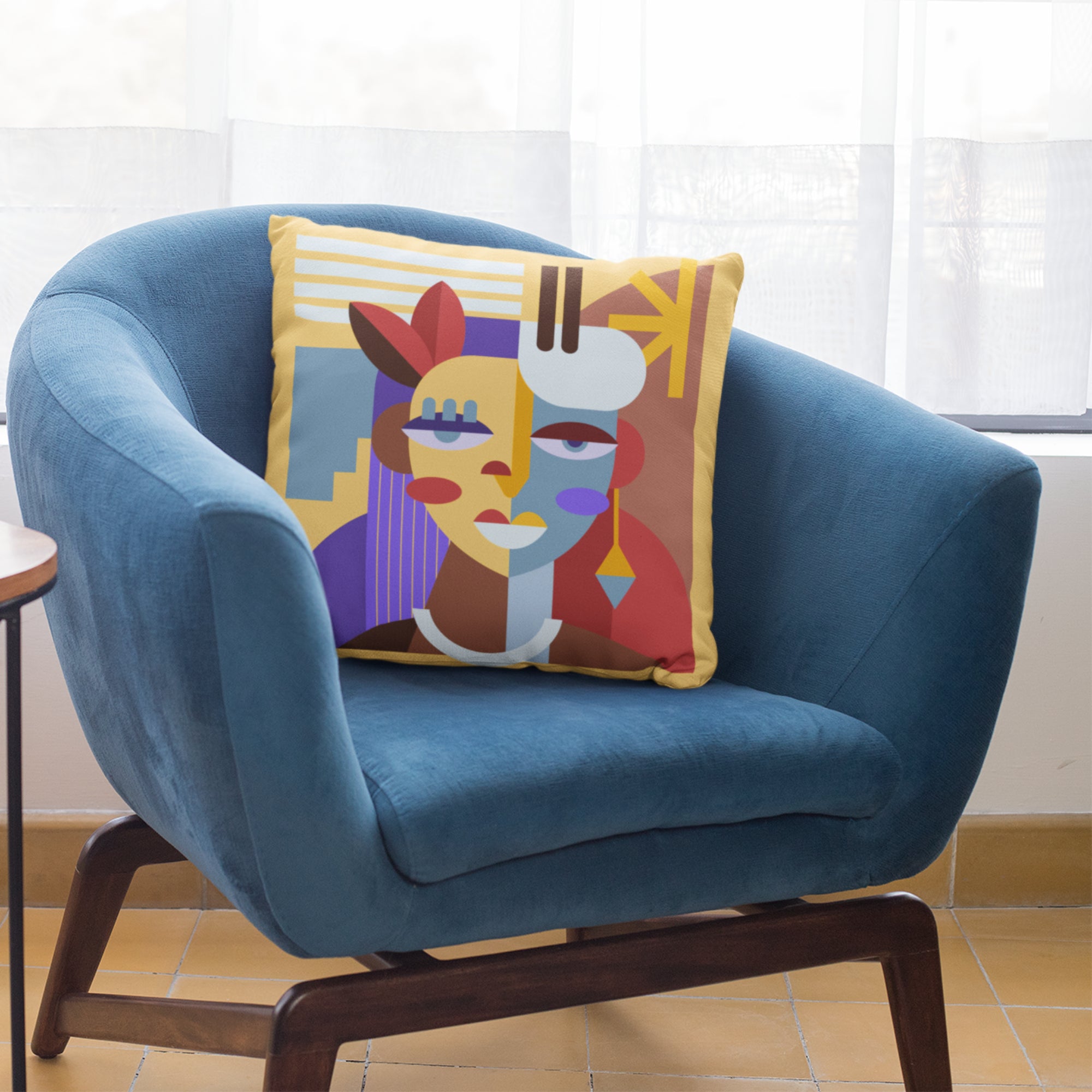 Abstract Face Throw Pillow featuring a boho design, made from a polyester-cotton blend, ideal for home decor.