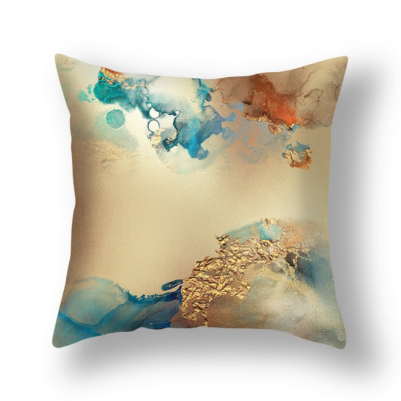 Abstract Geometric Print Cushion Cover showcasing a modern design in soothing colors, perfect for home decor.