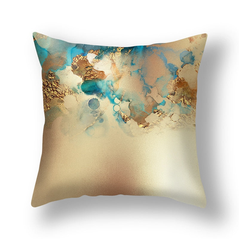 Abstract Geometric Print Cushion Cover showcasing a modern design in soothing colors, perfect for home decor.