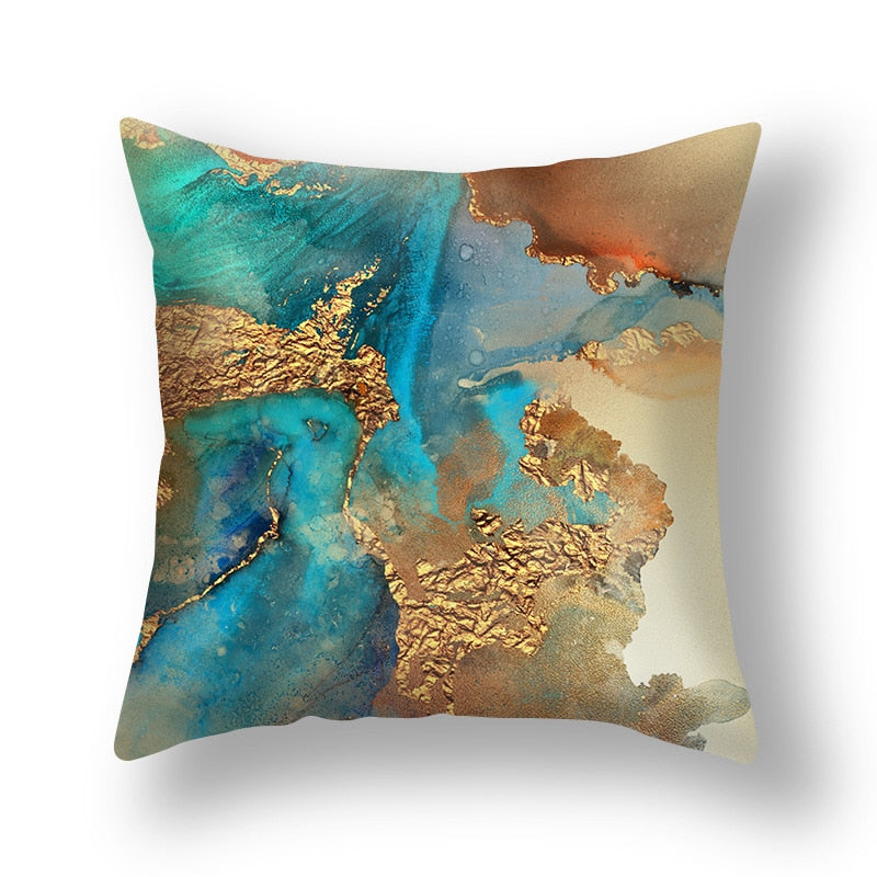 Abstract Geometric Print Cushion Cover showcasing a modern design in soothing colors, perfect for home decor.