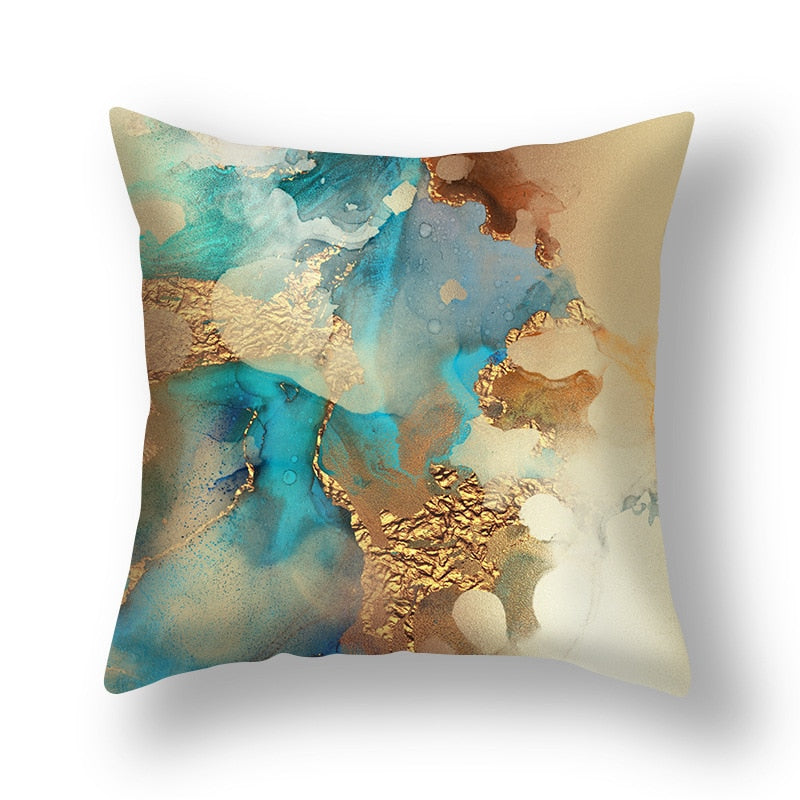 Abstract Geometric Print Cushion Cover showcasing a modern design in soothing colors, perfect for home decor.