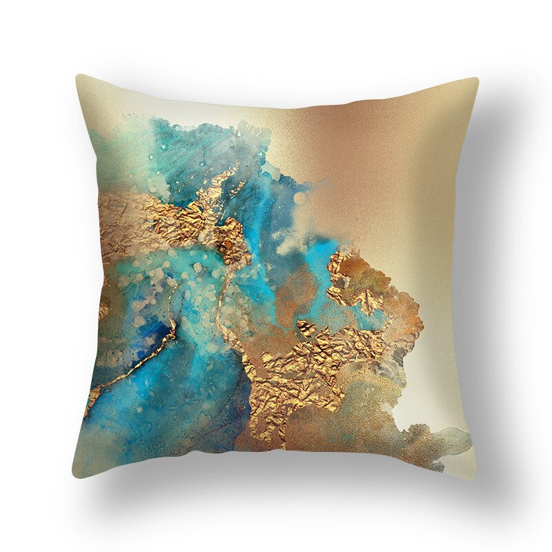 Abstract Geometric Print Cushion Cover showcasing a modern design in soothing colors, perfect for home decor.