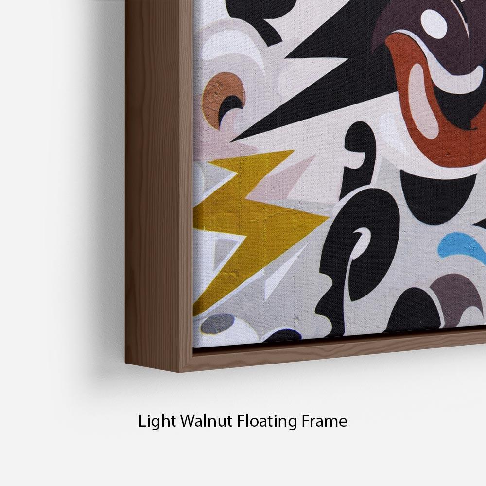 Abstract Graffiti Floating Frame Canvas featuring vibrant colors and dynamic patterns in a handcrafted wooden frame.
