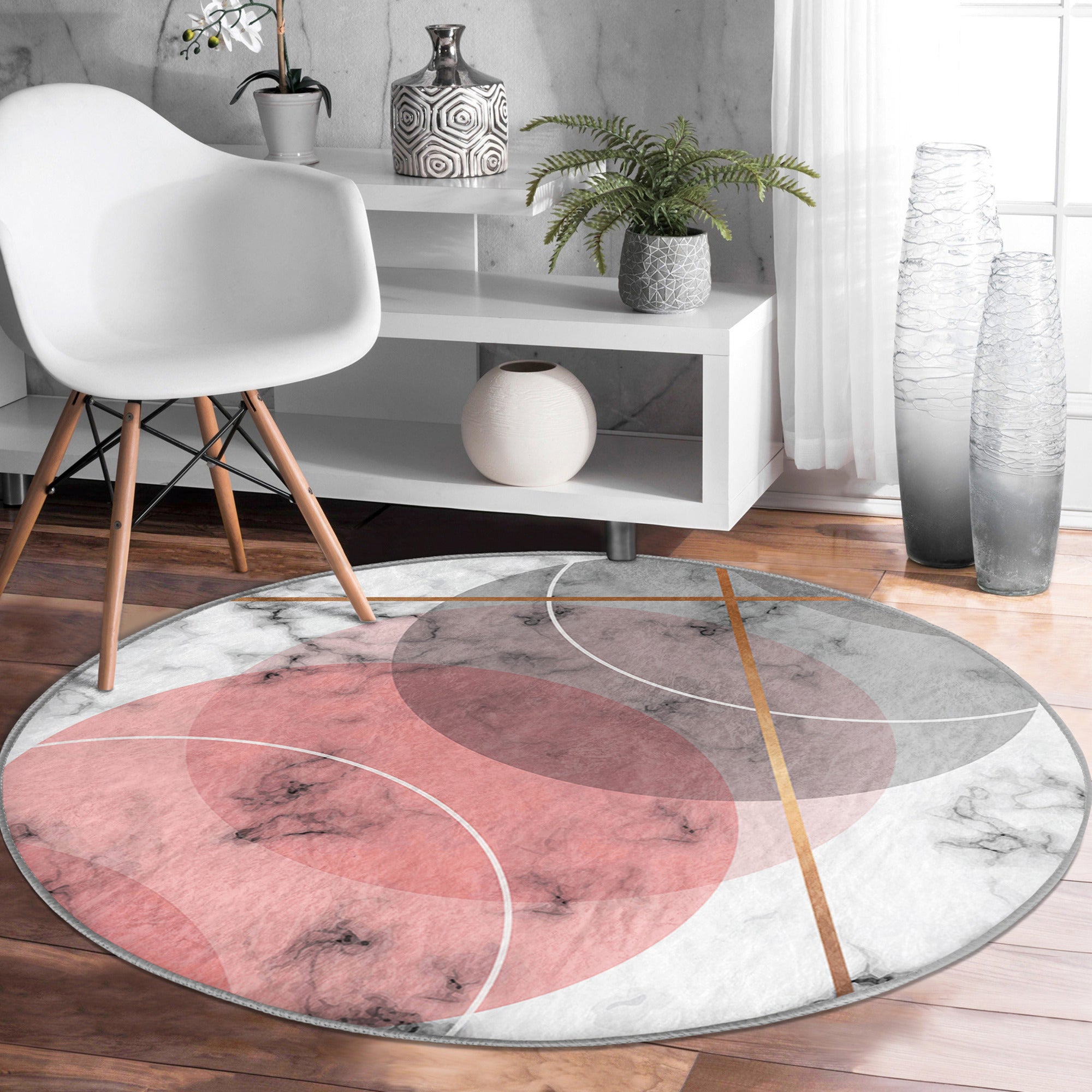 Abstract Living Room Round Rug in soft velvet fabric, featuring a minimalist circle design, available in various sizes.