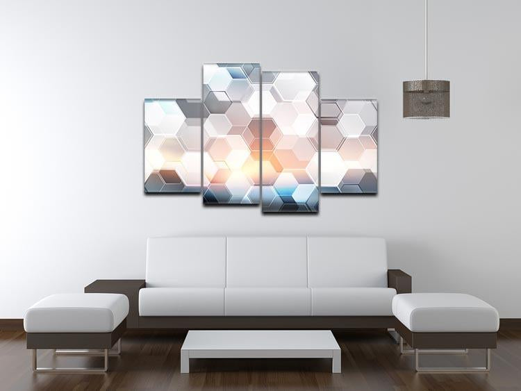 Abstract Modern Tech Hexagon 4 Split Panel Canvas artwork featuring a dynamic hexagonal design in four separate panels.
