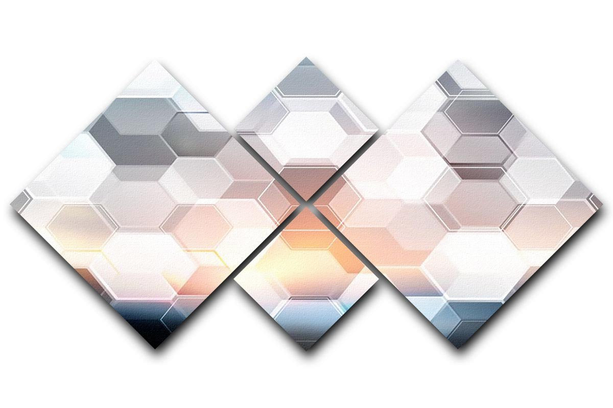 Abstract modern tech hexagon artwork displayed in four square panels, showcasing vibrant colors and geometric patterns.