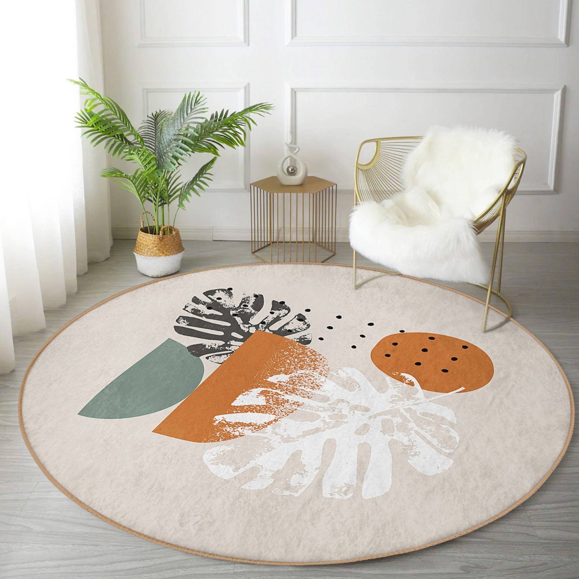 Abstract Round Rug featuring a modern design in soft velvet fabric, available in multiple sizes, ideal for home decor.