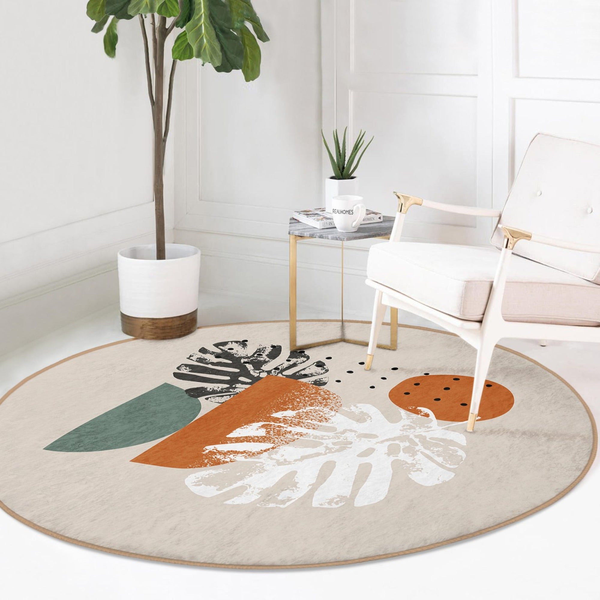 Abstract Round Rug featuring a modern design in soft velvet fabric, available in multiple sizes, ideal for home decor.