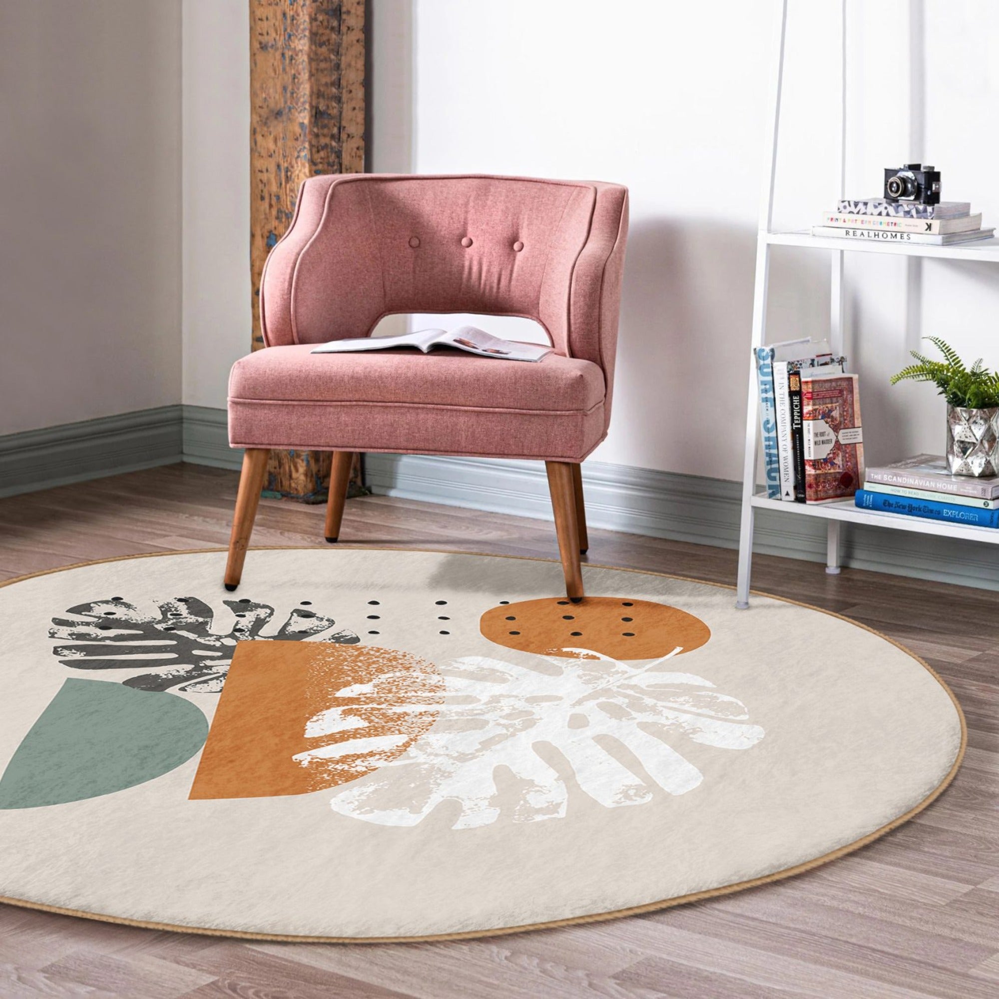 Abstract Round Rug featuring a modern design in soft velvet fabric, available in multiple sizes, ideal for home decor.