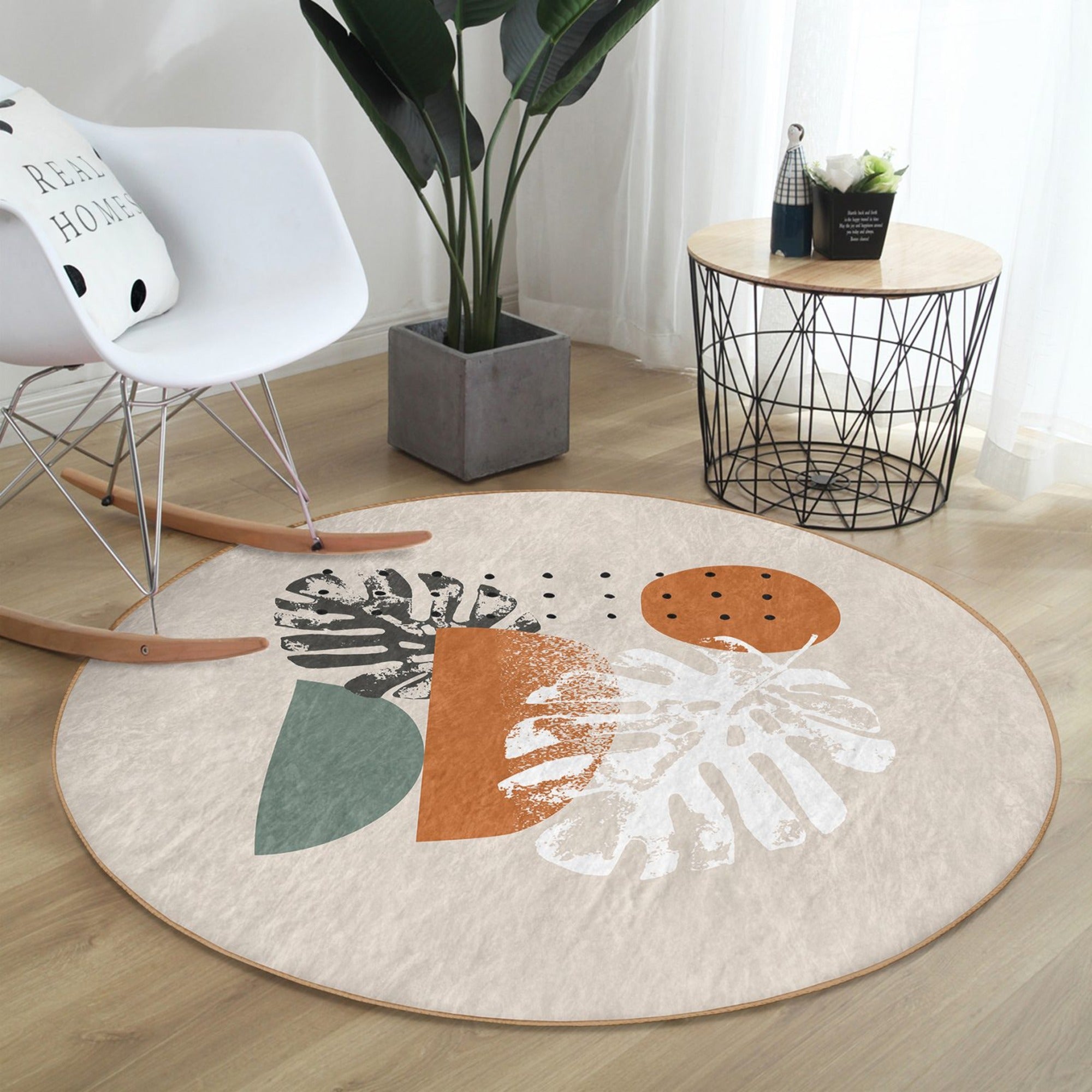 Abstract Round Rug featuring a modern design in soft velvet fabric, available in multiple sizes, ideal for home decor.