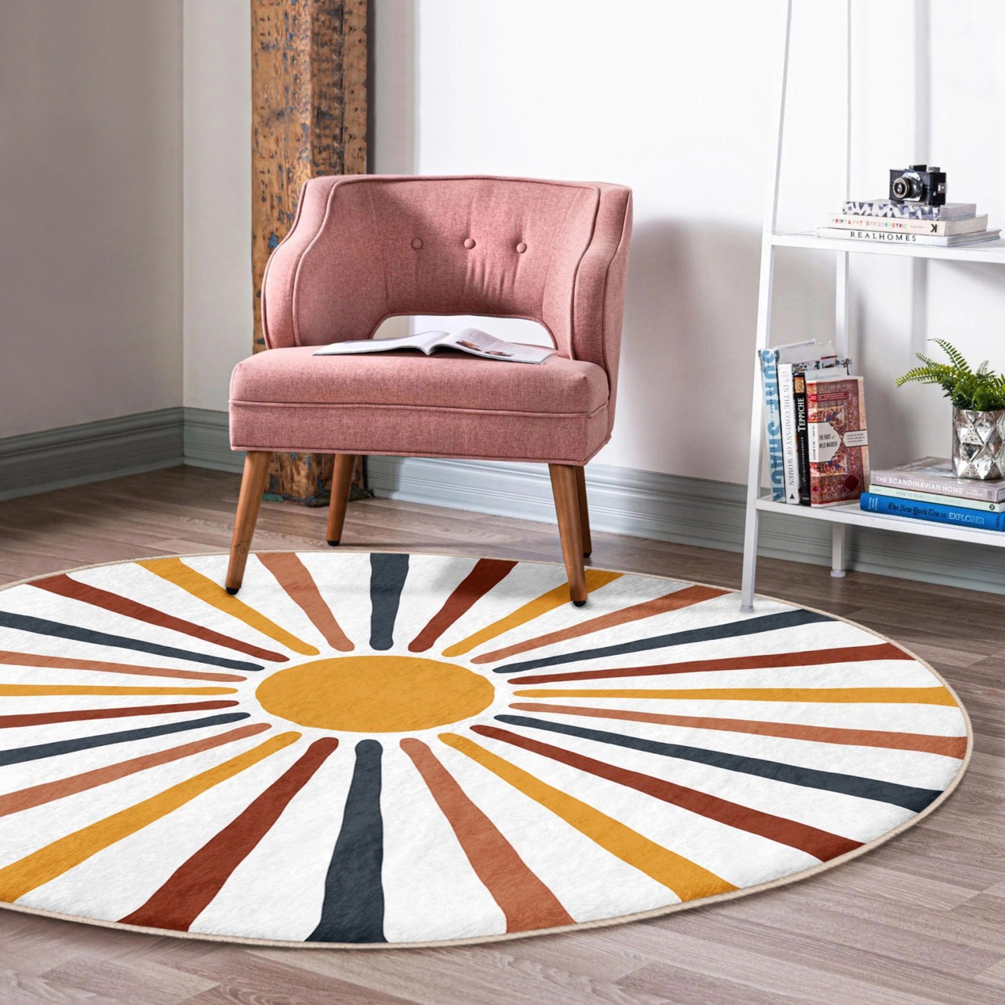 Abstract Round Rug featuring a geometric design in soft velvet fabric, ideal for modern home decor.