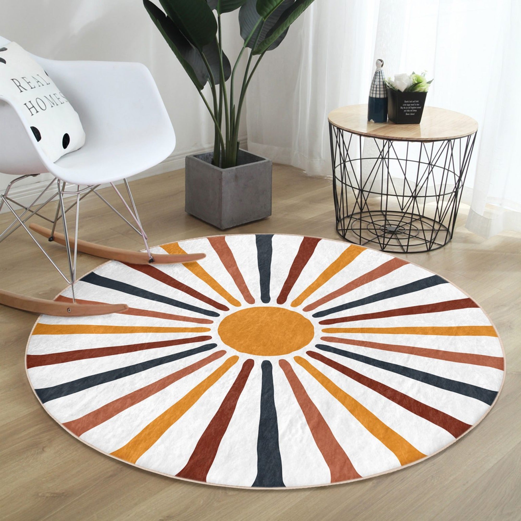 Abstract Round Rug featuring a geometric design in soft velvet fabric, ideal for modern home decor.