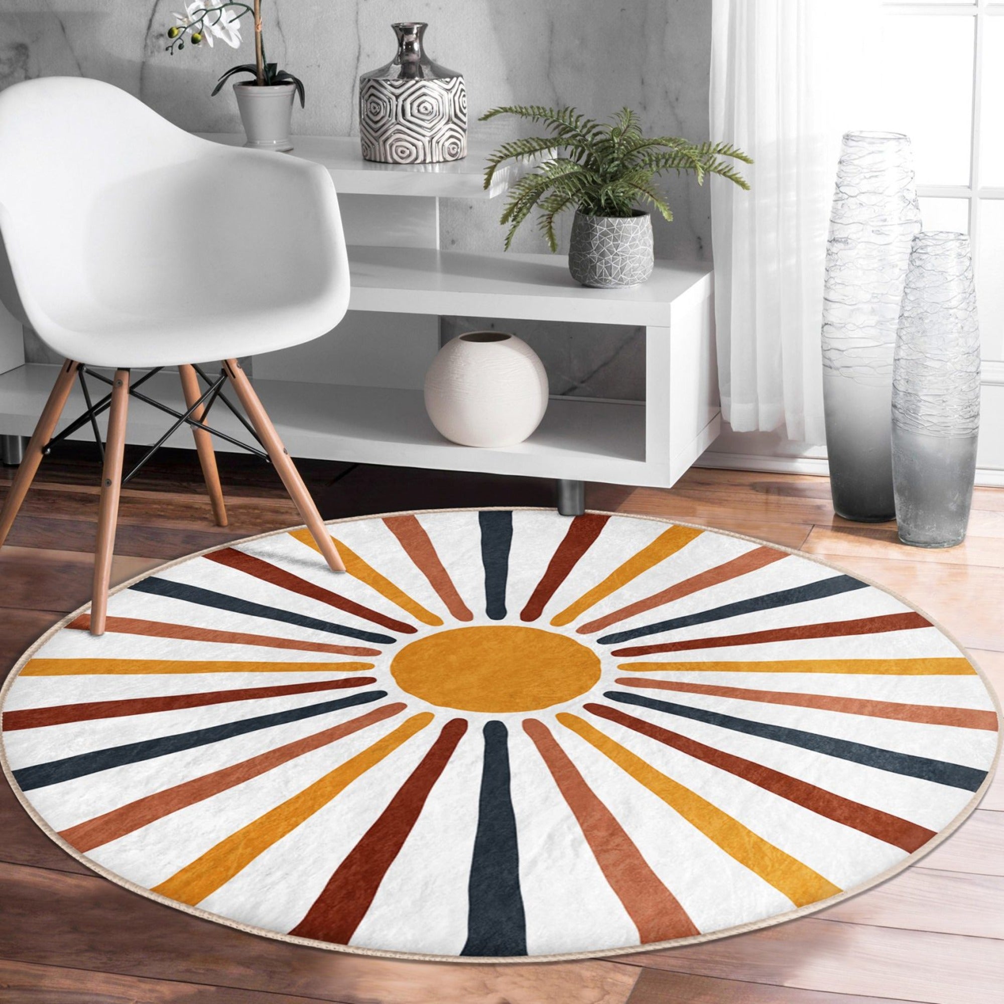 Abstract Round Rug featuring a geometric design in soft velvet fabric, ideal for modern home decor.