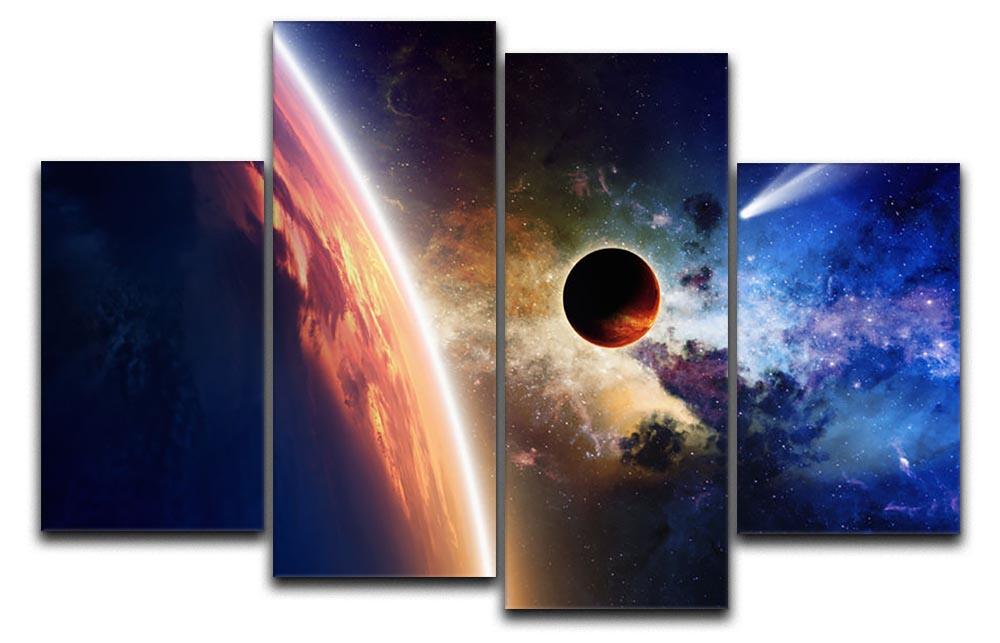 Abstract scientific background artwork displayed as a 4-split panel canvas, showcasing vibrant colors and intricate designs.