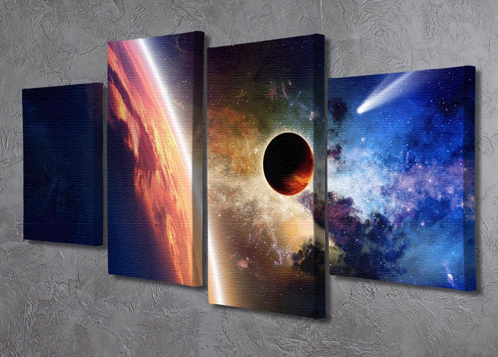 Abstract scientific background artwork displayed as a 4-split panel canvas, showcasing vibrant colors and intricate designs.