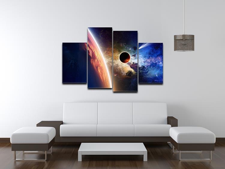 Abstract scientific background artwork displayed as a 4-split panel canvas, showcasing vibrant colors and intricate designs.