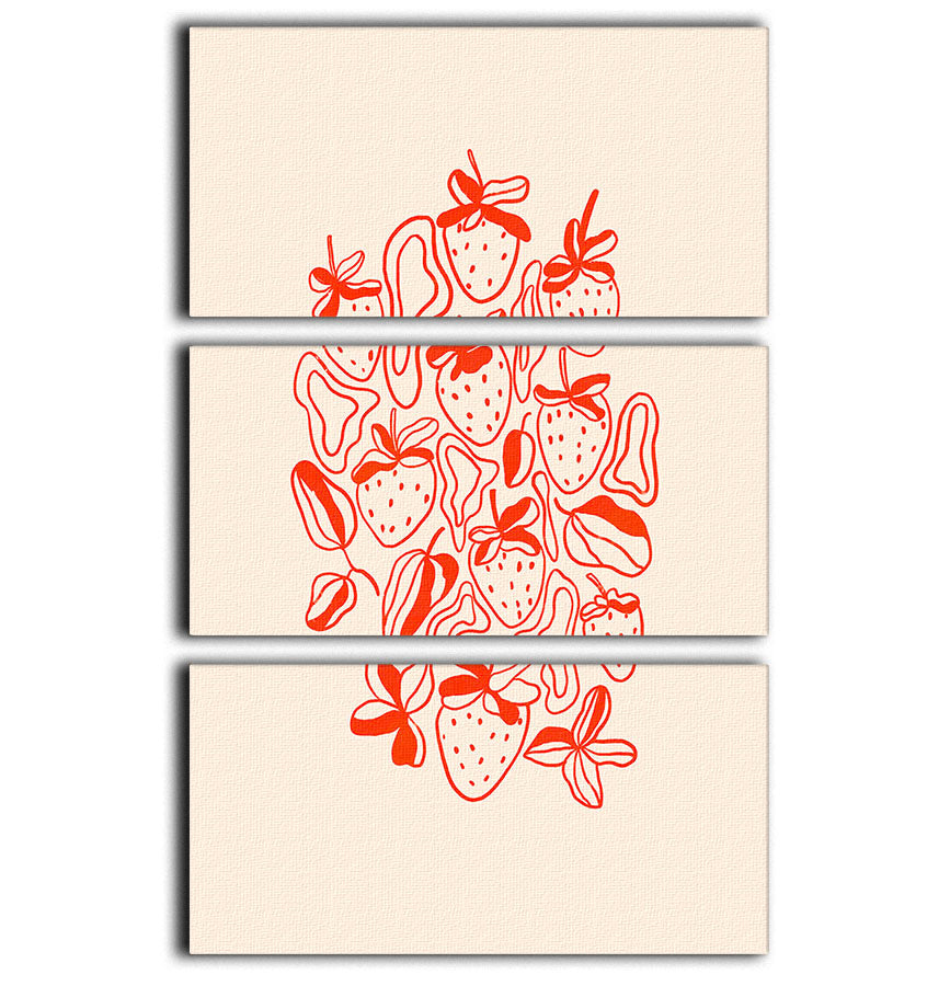 Three-panel canvas print featuring abstract strawberries in vibrant colors, elegantly displayed for wall decor.