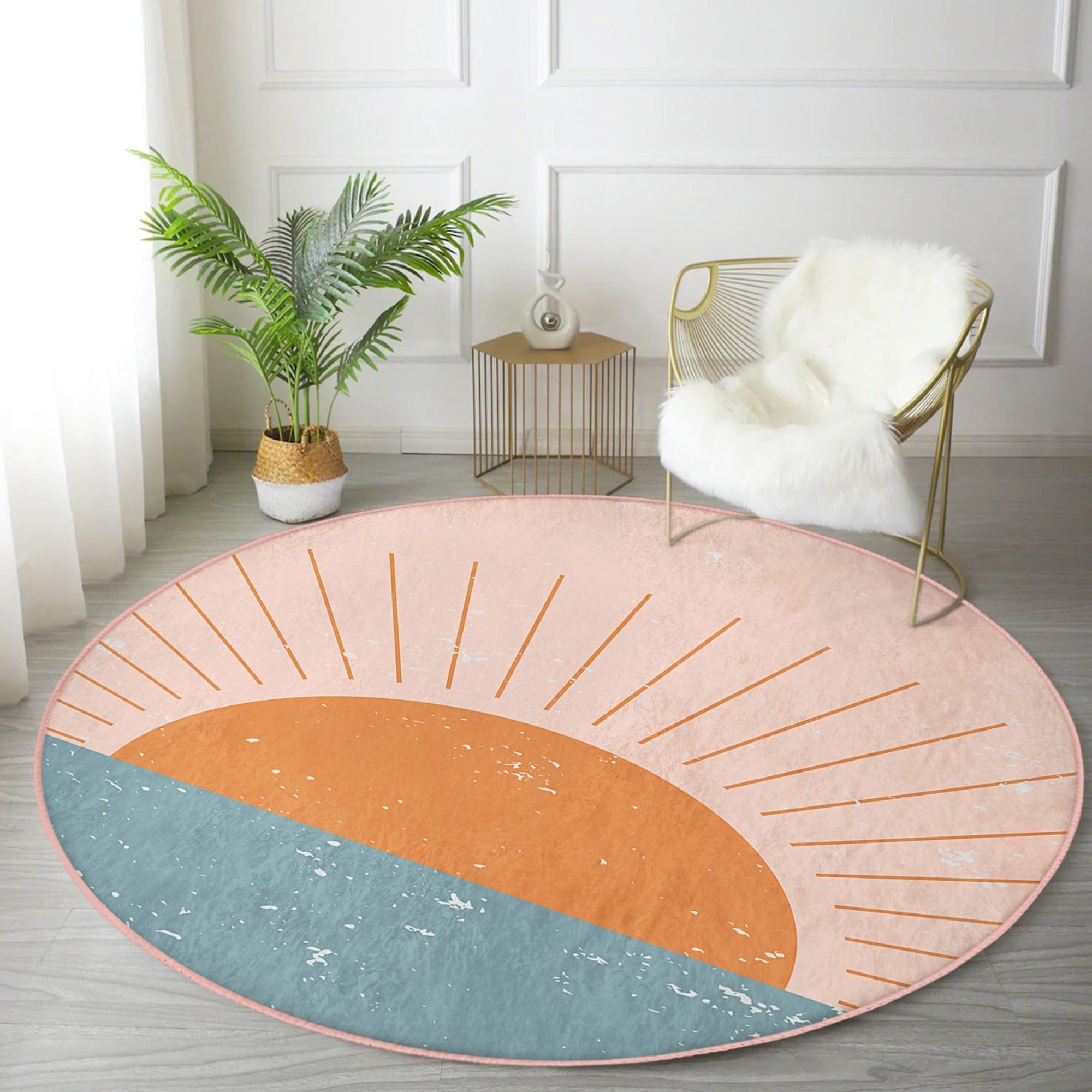 Abstract Sun Pattern Minimalist Round Rug showcasing a modern design in soft velvet fabric, perfect for enhancing home decor.