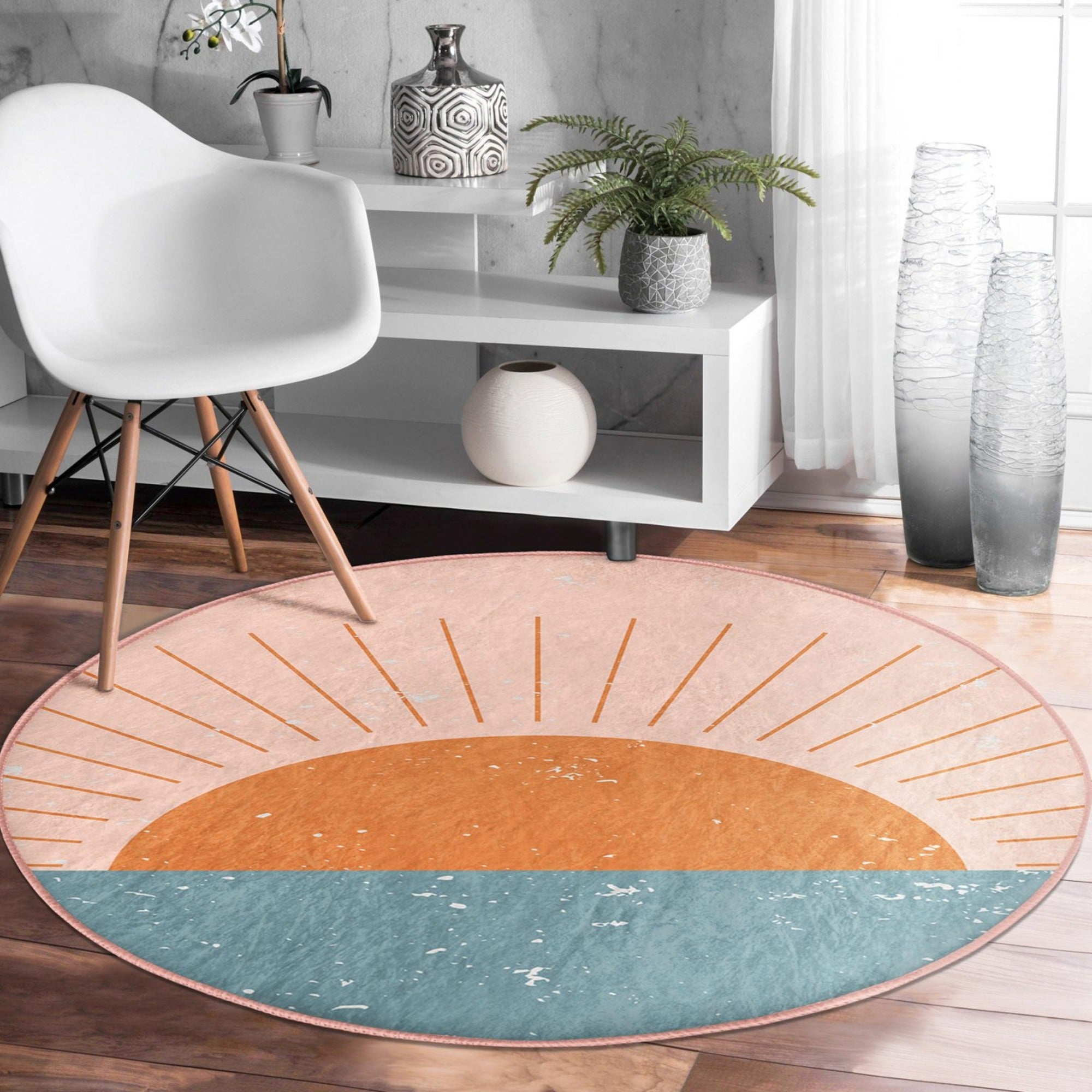 Abstract Sun Pattern Minimalist Round Rug showcasing a modern design in soft velvet fabric, perfect for enhancing home decor.