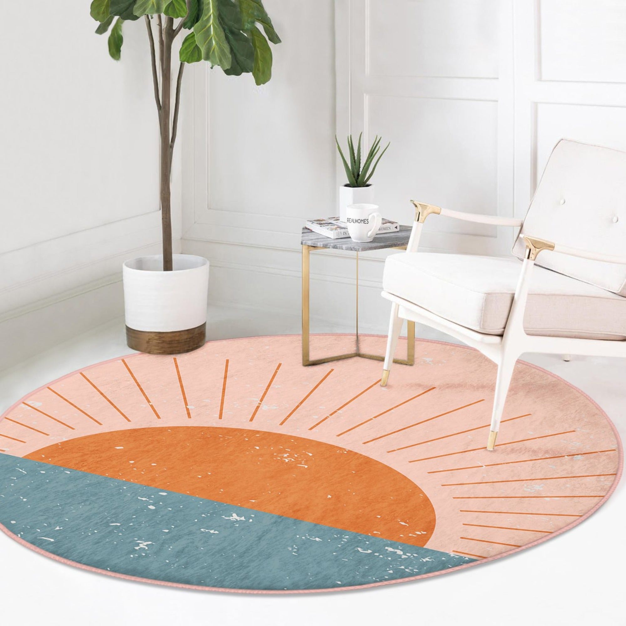Abstract Sun Pattern Minimalist Round Rug showcasing a modern design in soft velvet fabric, perfect for enhancing home decor.