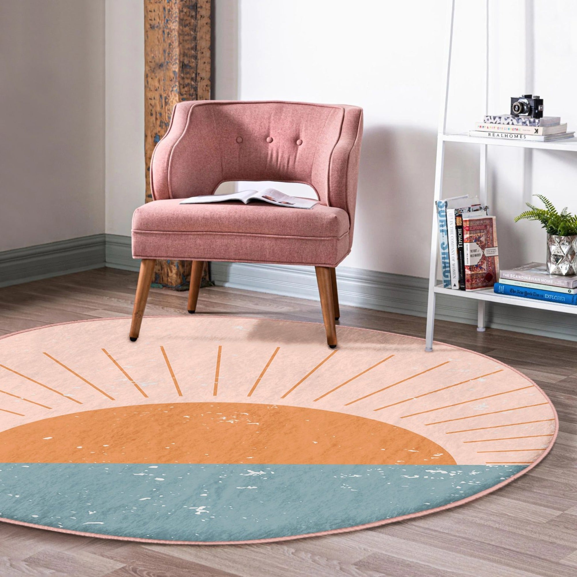 Abstract Sun Pattern Minimalist Round Rug showcasing a modern design in soft velvet fabric, perfect for enhancing home decor.