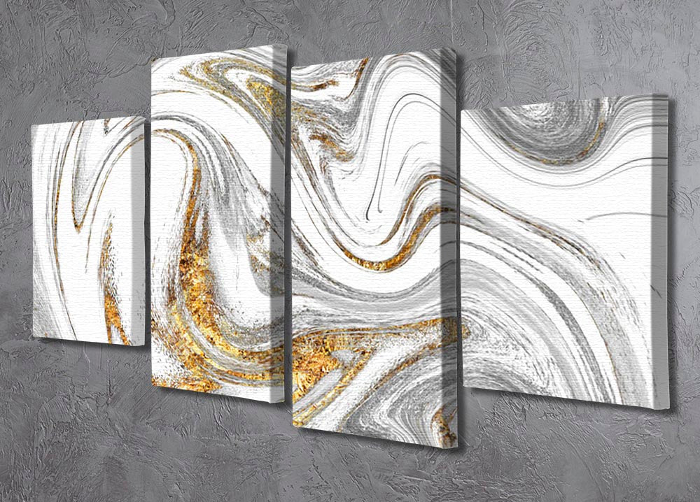 Abstract Swirled White Grey and Gold Marble 4 Split Panel Canvas artwork displayed in a modern setting.