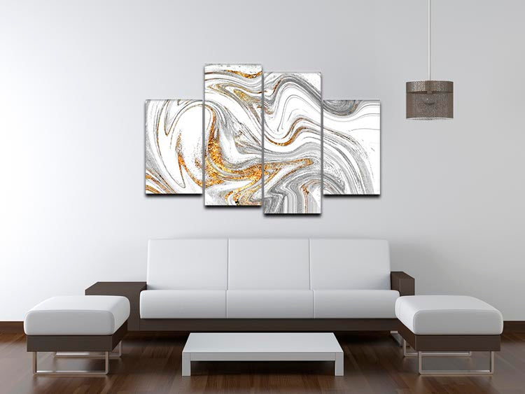 Abstract Swirled White Grey and Gold Marble 4 Split Panel Canvas artwork displayed in a modern setting.