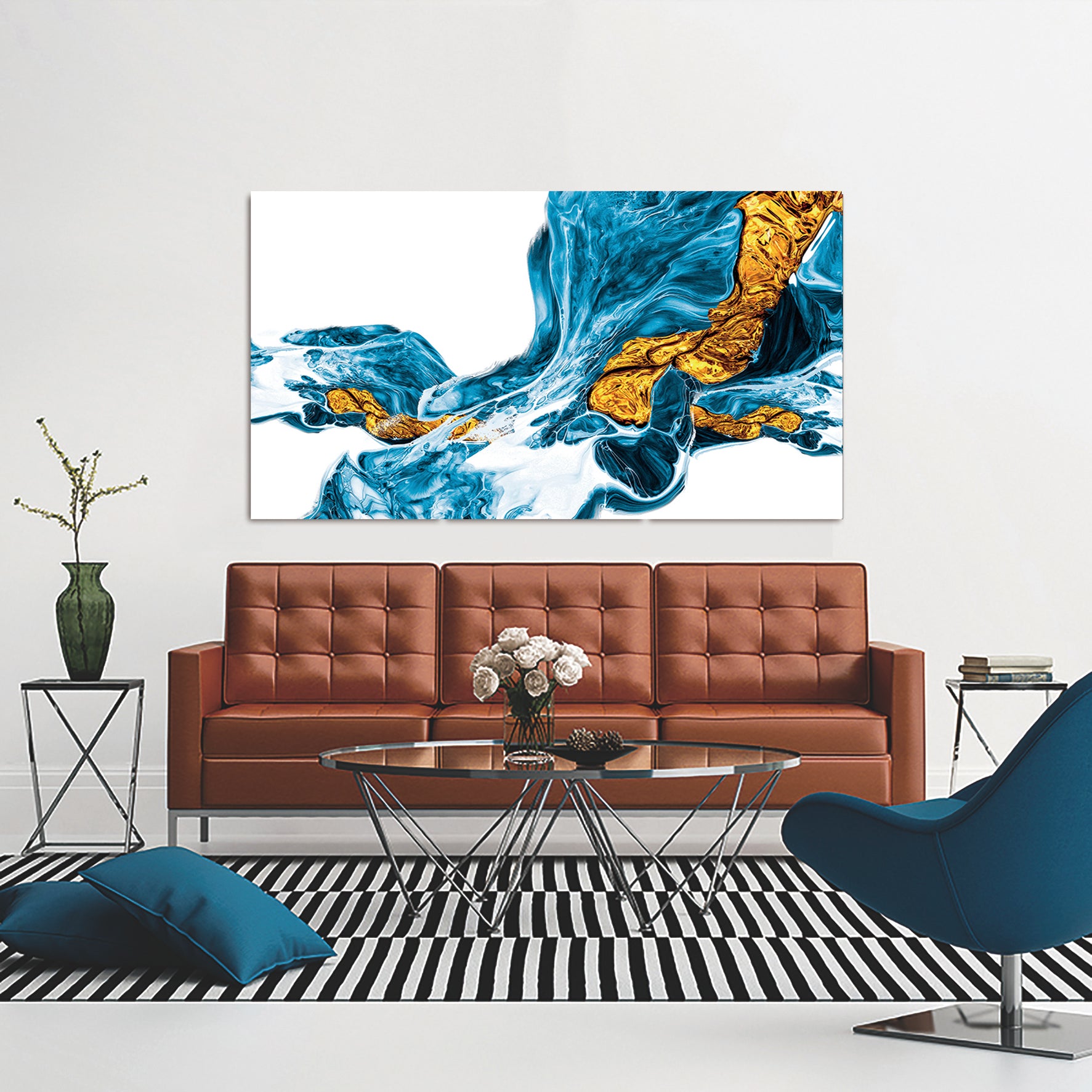 Abstract Turquoise and Yellow Acrylic Print showcasing vibrant colors and modern design, perfect for wall decor.