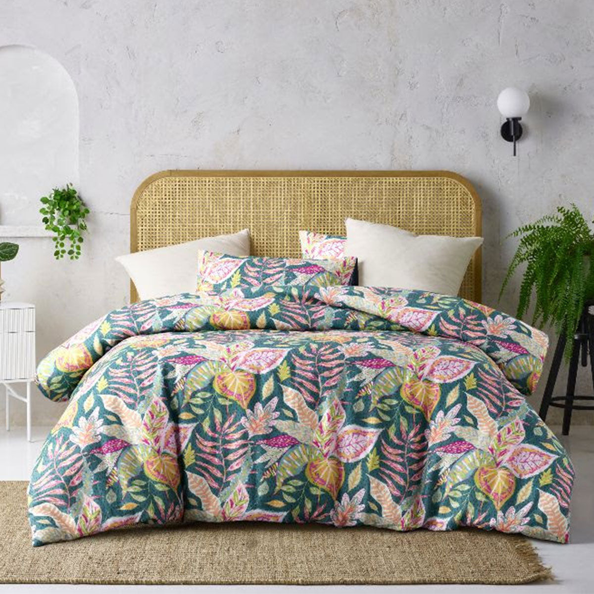 Accessorize Betty Carmila Printed Linen Cotton Quilt Cover Set King featuring vibrant botanical design in multiple colors.