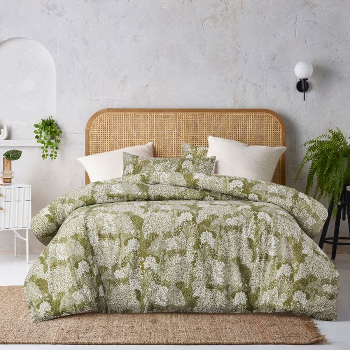 Accessorize Betty Otway Moss Green Washed Cotton Printed Quilt Cover featuring a blossom design in moss green and white tones.
