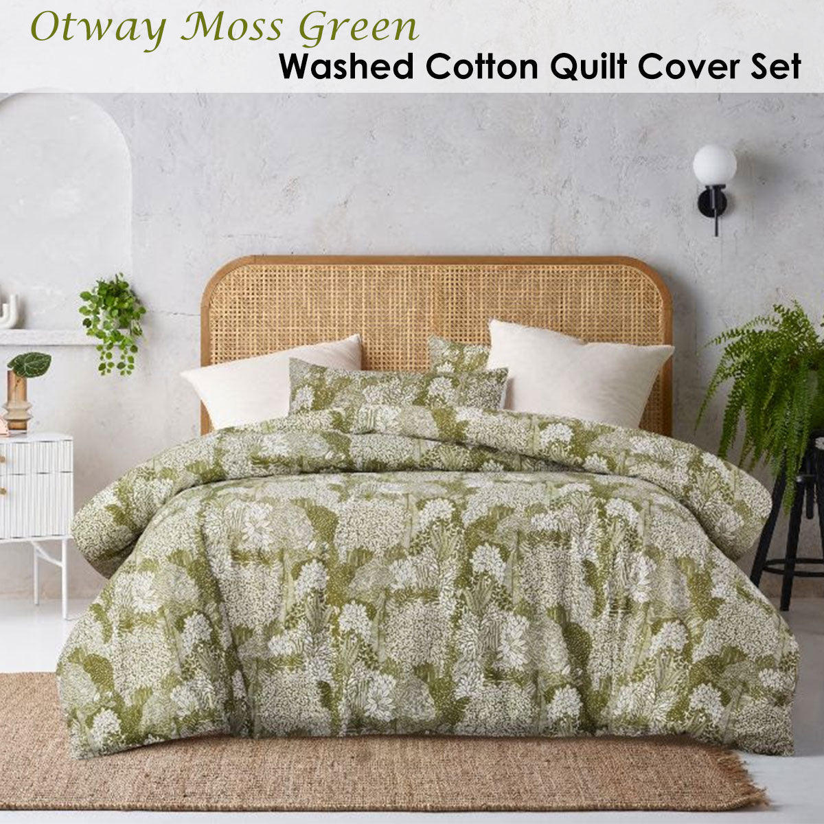 Accessorize Betty Otway Moss Green Washed Cotton Printed Quilt Cover featuring a blossom design in moss green and white tones.