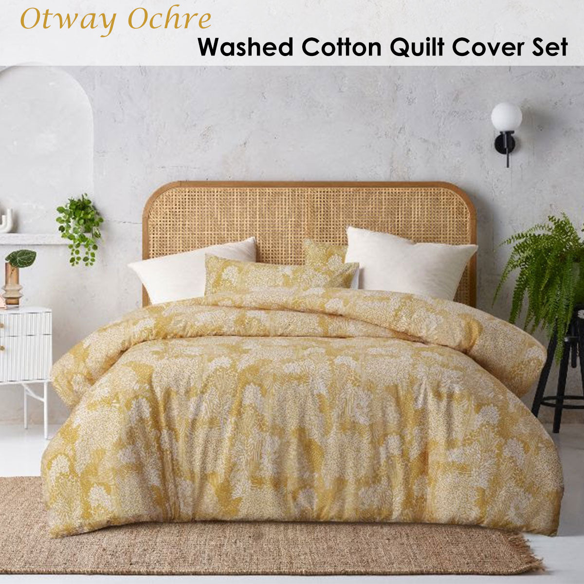 Accessorize Betty Otway Ochre Washed Cotton Printed Quilt Cover Set featuring a blossom design in ochre and white tones.