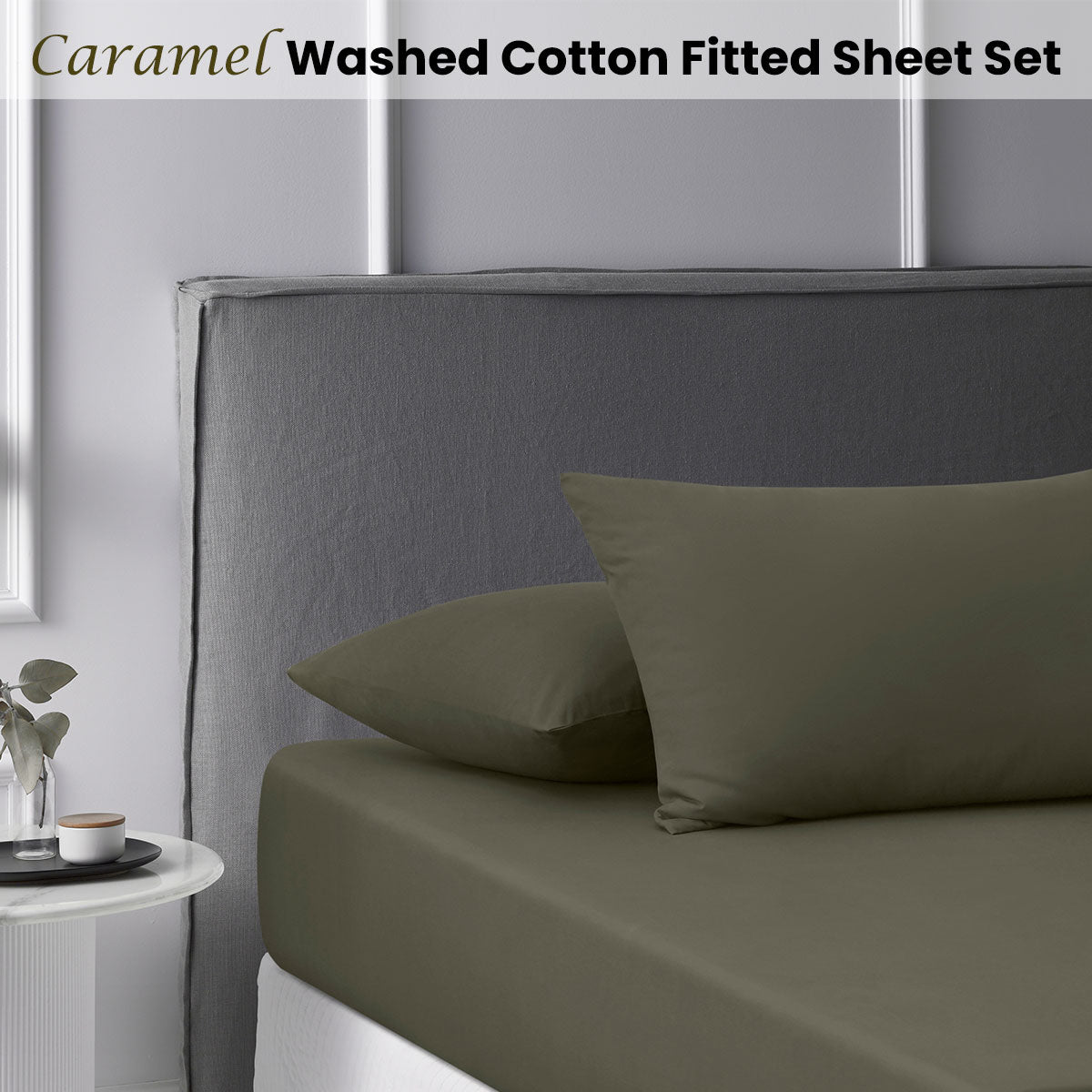 Accessorize Caramel Washed Cotton Fitted Sheet Set featuring a soft caramel color, includes fitted sheet and two pillowcases, perfect for a cozy bedroom.