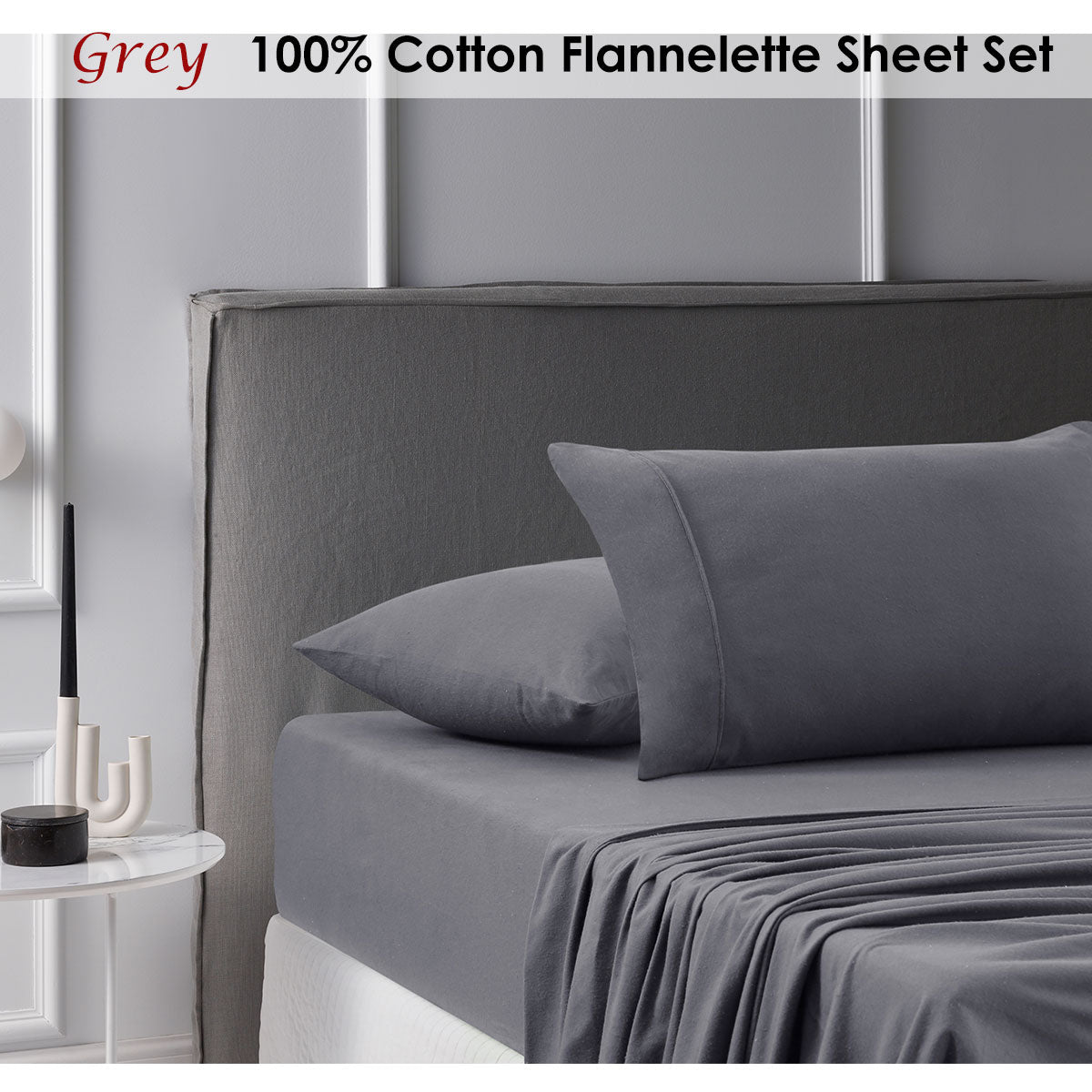 Accessorize Cotton Flannelette Sheet Set in Grey, featuring soft and warm fabric, perfect for winter bedding.