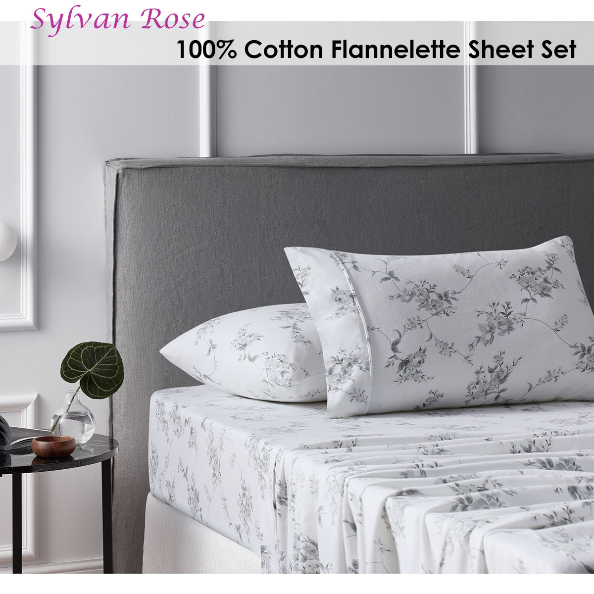 Accessorize Cotton Flannelette Sheet Set Sylvan Rose featuring floral print design, flat sheet, fitted sheet, and pillowcases in soft cotton fabric.