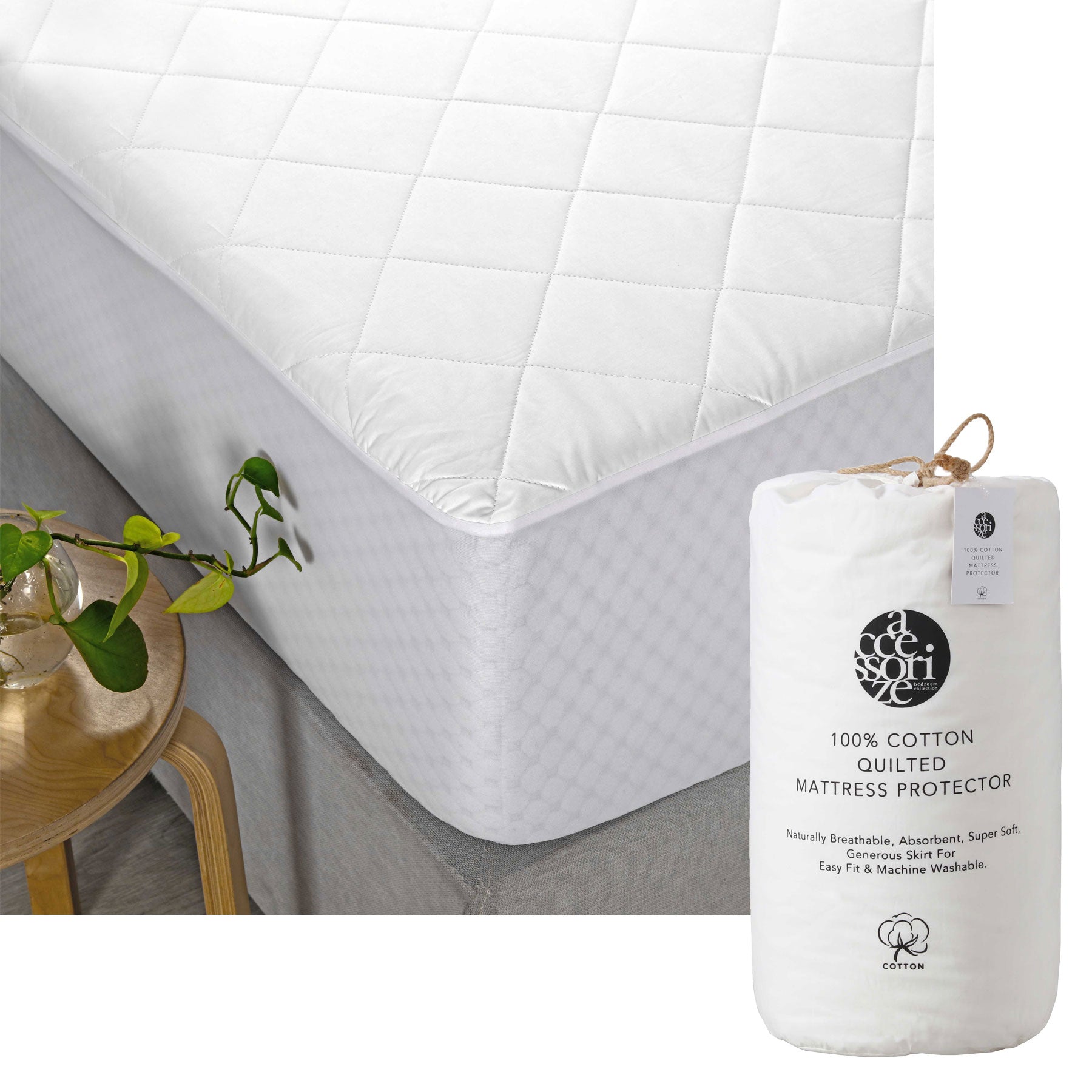 Accessorize Cotton Quilted Mattress Protector Single with quilted diamond design, showcasing its soft and breathable cotton fabric.