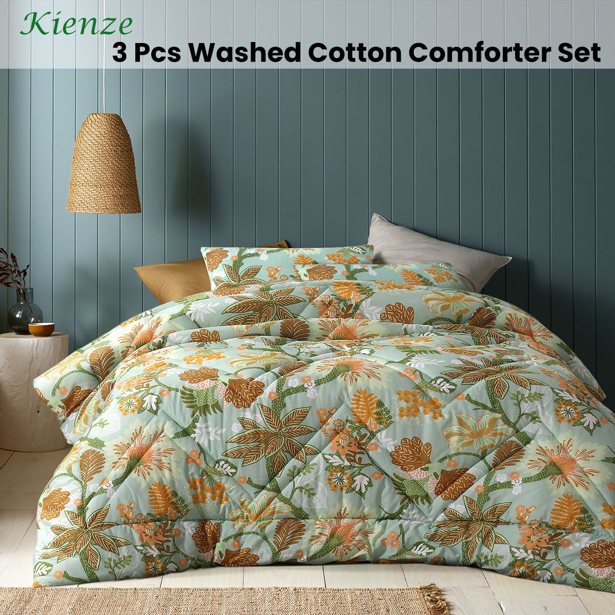 Accessorize Kienze Washed Cotton Printed 3 Piece Comforter Set featuring floral design in vibrant colors, ideal for queen-sized beds.
