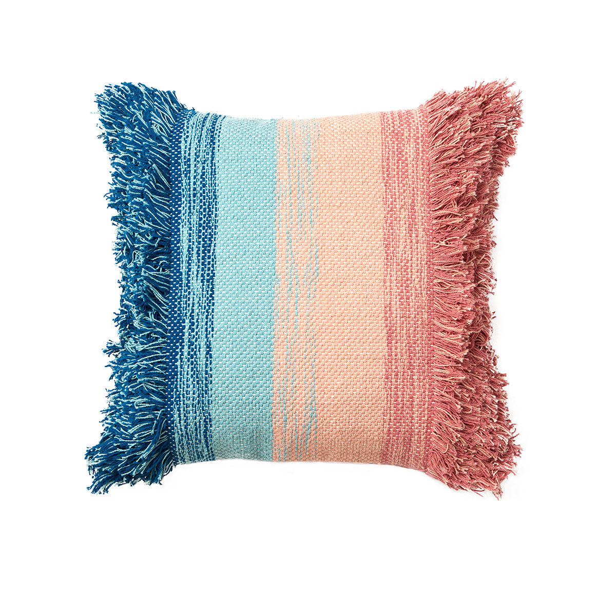 Accessorize Layne Blue Pink Filled Square Cushion with tassels design, vibrant colors, and soft texture, perfect for home decor.