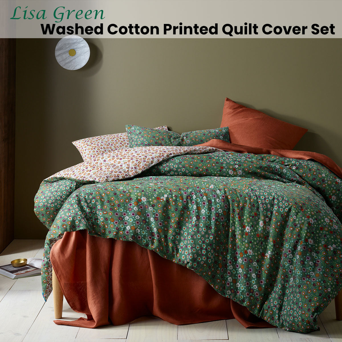 Accessorize Lisa Green Washed Cotton Printed Quilt Cover Set featuring vibrant floral patterns in multiple colors, perfect for king-sized beds.