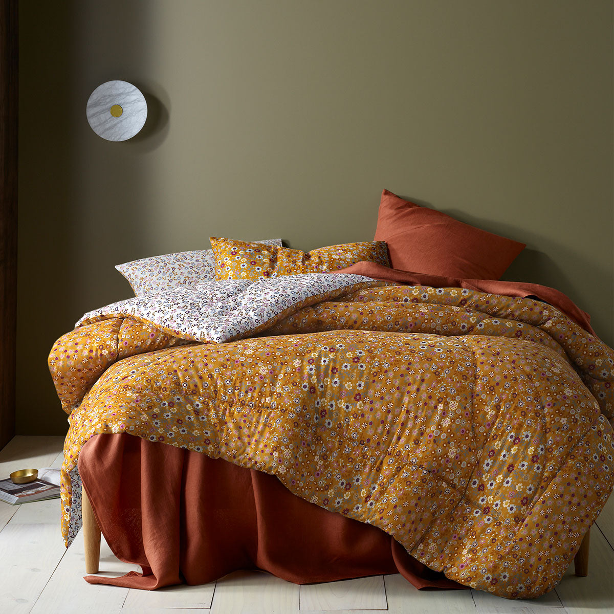 Accessorize Lisa Ochre Washed Cotton Printed 3 Piece Comforter Set featuring vibrant floral patterns in multiple colors.