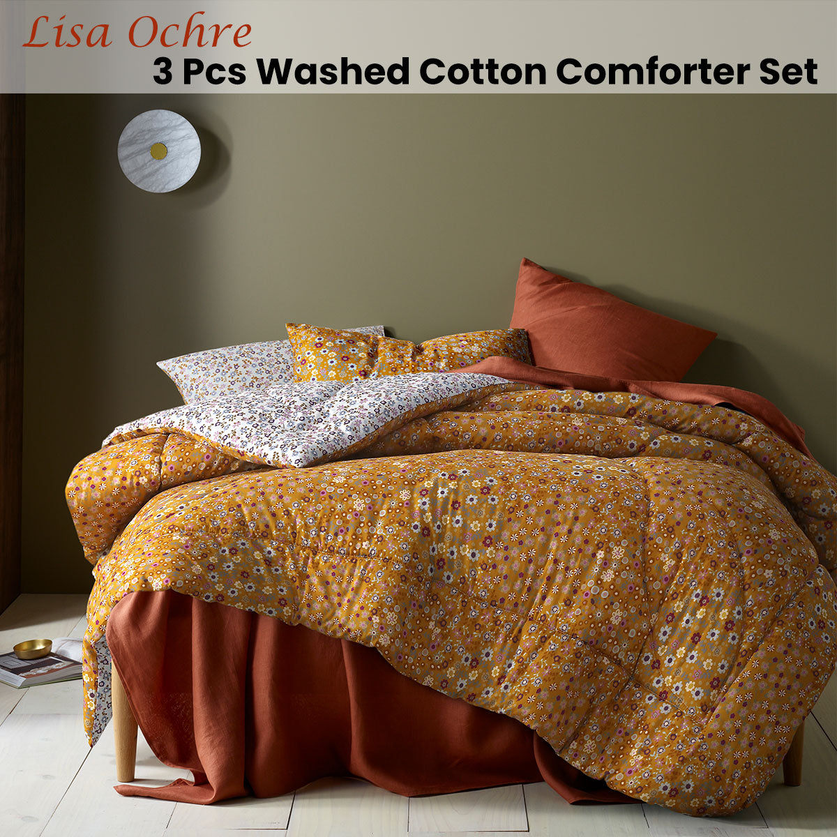 Accessorize Lisa Ochre Washed Cotton Printed 3 Piece Comforter Set featuring vibrant floral patterns in multiple colors.