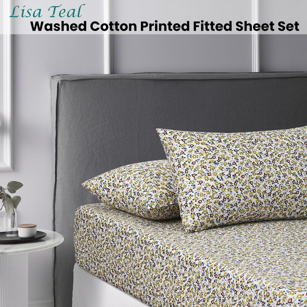 Accessorize Lisa Teal Washed Cotton Printed Fitted Sheet Set featuring floral design in teal, white, green, orange, and blue tones for king-sized beds.
