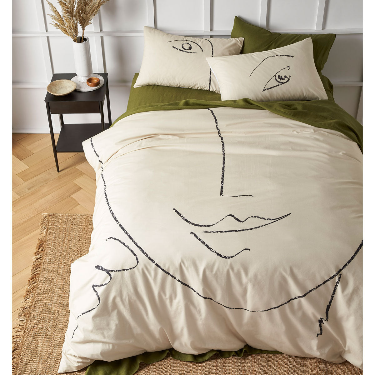Accessorize Matisse Natural Cotton Quilt Cover Set King featuring a facial sketch design in soft natural and black tones, perfect for stylish bedding.