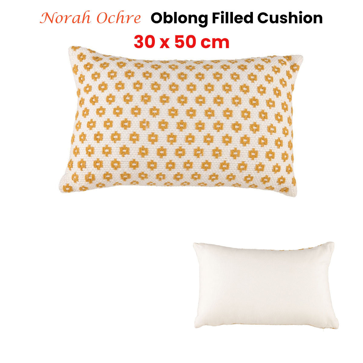Accessorize Norah Ochre Rectangular Filled Cushion, 30cm x 50cm, featuring textured design in soft ochre and natural tones.